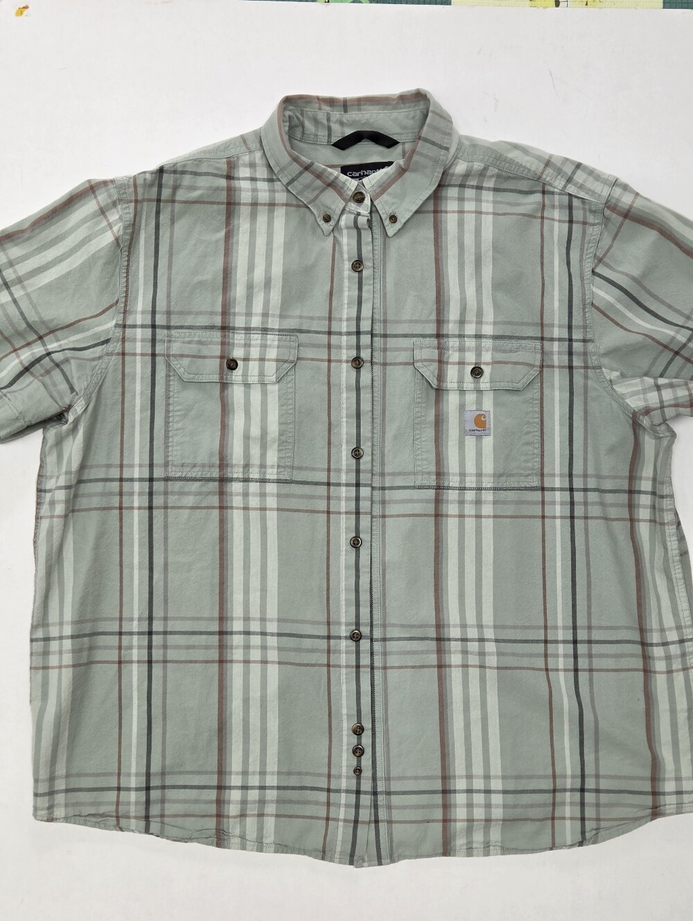 Carhartt Shirt Men’s Loose Fit Green Plaid Short Sleeve Button Down Work sz 2XL